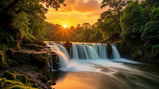 Stunning Golden Sunset Timelapse Over Kote Abbe Falls in Coorg, India Framed by Lush Greenery and Waterfalls - Perfect for Travel and Nature Videos