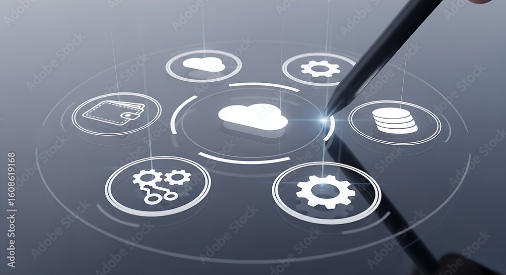 Poster stylus pointing at cloud computing interface with wallet, gears, and data icons on a dark surface