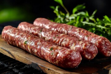 Delicious barbecue party food featuring sausages for grilling.