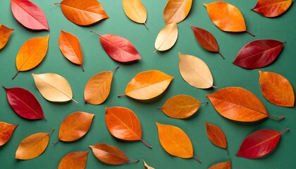 Colorful autumn leaves on teal background