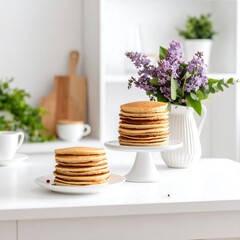 Stacked pancakes on a white table