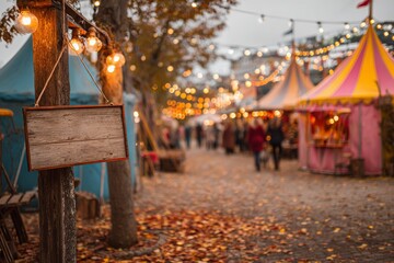 Autumn fair with wooden sign, lights, and tents