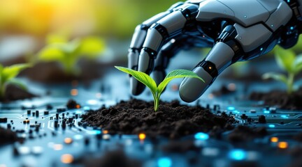 Startup Seed Technology concept. A robotic hand plants a sprout in a digital environment.