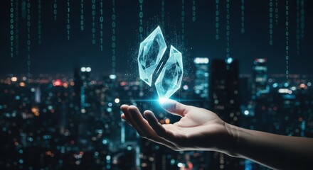 Startup Seed Technology concept. Digital hand holding a glowing crystal against a city skyline background.