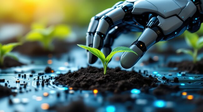 Startup Seed Technology concept. A robotic hand plants a sprout in a digital environment.