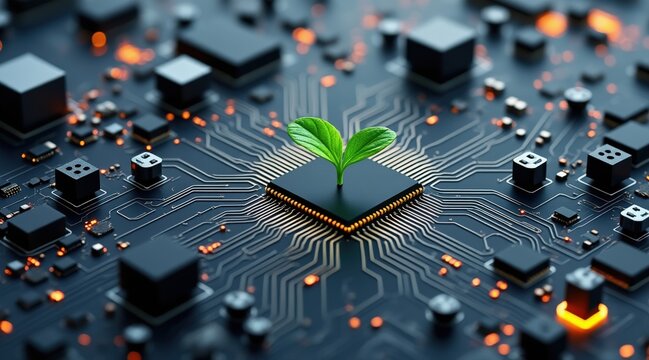 Startup Seed Technology concept. A plant grows from a computer chip, symbolizing technology and sustainability.