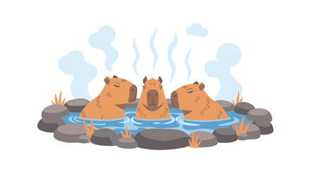 A trio of cute cartoon capybaras relaxing in a steaming natural hot spring. A concept of animal wellness and spa treatment.