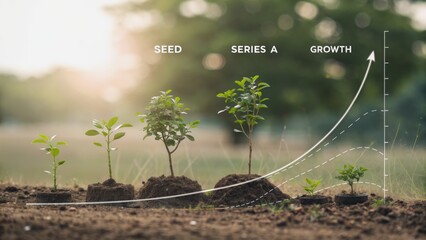 Startup Seed Technology concept. Growth stages of plants illustrated with a graph emerging from the soil.