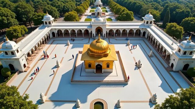 Stunning aerial view of a Sikh temple complex showcasing reverence to Guru Nanak, featuring a serene courtyard and prayer halls in 4K video footage