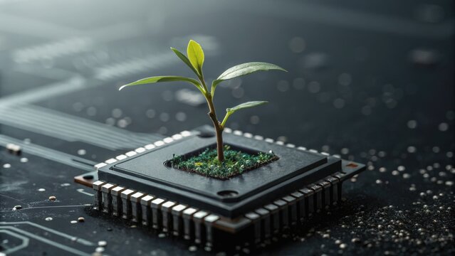 Startup Seed Technology concept. A plant growing from a microchip, symbolizing tech and nature fusion.