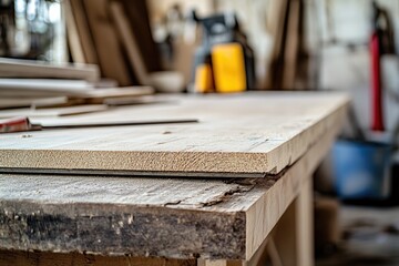 Woodworking workbench with unfinished wood piece
