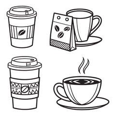 Black Line Drawing Coffee and Tea Cup Clipart Set | Minimalist Hot Beverage Vector Illustrations for Cafe and Branding

