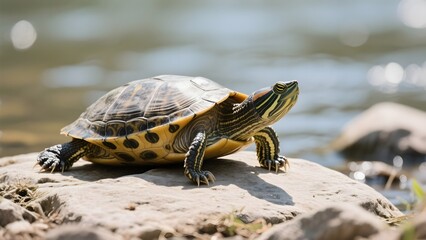 A painted turtle basks on a rock near a water body, showcasing its vibrant shell patterns.