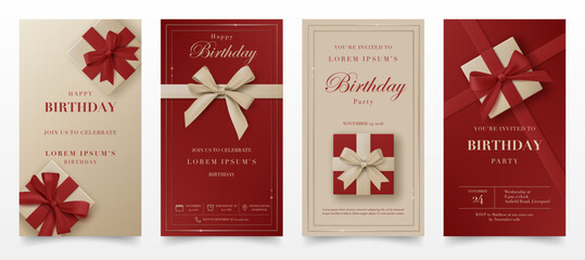 Elegant 3D luxury birthday invitation banner set template with red and gold gift boxes, bugundy satin ribbon, beige bow, and classy typography for modern luxury party invite and greeting card. vector