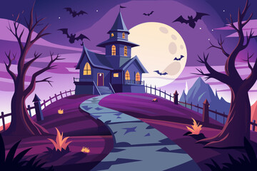 A haunted house on a hill is silhouetted against a full moon