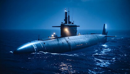 A modern submarine silently glides through dark, choppy water at night