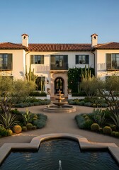 Luxurious mediterranean villa with lush landscaping and fountain