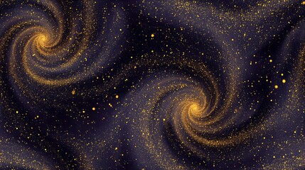 Seamless Abstract cosmic swirl with golden stars on a dark background.
