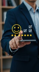 Digital interaction with touchscreen device. Person in blue suit selecting options. Positive feedback with smiley face and stars.