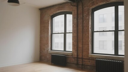 Empty Loft Space with Exposed Brick Walls and Large Windows