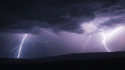 A dramatic lightning storm illuminates a dark landscape, capturing the raw power of nature with glowing cloud details.