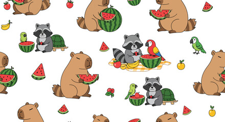 Fototapeta premium Seamless pattern featuring capybaras, raccoons, parrots, and turtles enjoying watermelon and other fruits on a white background.