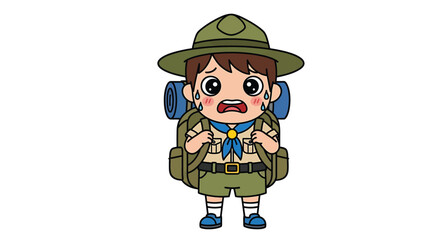 Obraz premium Cartoon illustration of a sad boy scout wearing a uniform and carrying a large backpack, with tears in his eyes.