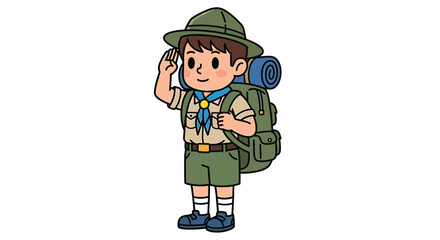 Cartoon illustration of a young boy scout wearing a uniform, hat, and backpack, saluting with a smile.