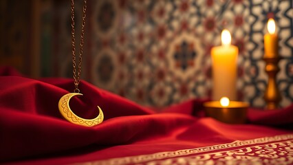 Golden crescent moon pendant on rich burgundy fabric, evoking a luxurious and serene Eid al-Adha ambiance.