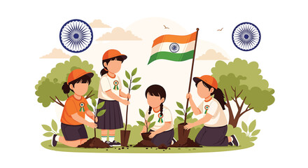 Four young girls planting saplings in the ground, with the Indian flag waving in the background, celebrating a national holiday.