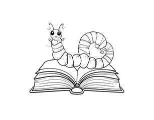 Charming line art of a smiling cartoon bookworm with a spiral tail sitting on an open book.