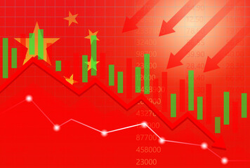China Economy. Flag of China with Falling Financial Graph. Economic Crisis and Global Recession Concept. Vector Illustration.  