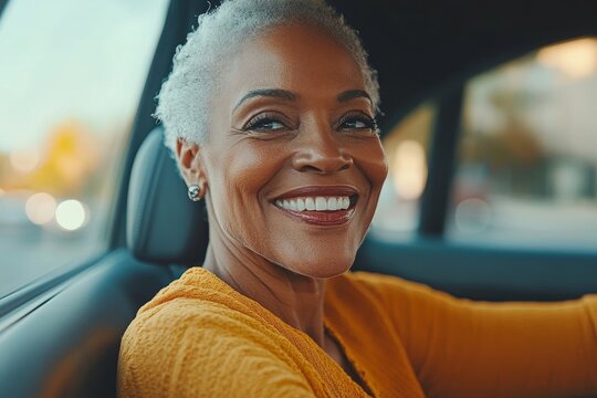 Happy senior woman enjoying a car ride alone, emphasizing safe driving practices for elderly adults and the importance of mobility and independence for older drivers, Generative AI