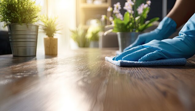 Hands in blue gloves cleaning a wooden table. Sunlight streams in