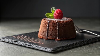 Delicious chocolate lava cake dessert recipe with raspberry and mint garnish close up food photography
