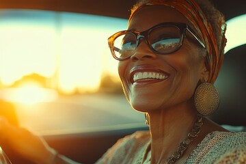 Happy senior woman enjoying a car ride alone, emphasizing safe driving practices for elderly adults and the importance of mobility and independence for older drivers, Generative AI