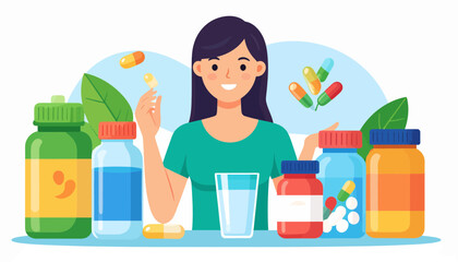 Healthy young woman with vitamins and medicine bottles for wellness and nutritional supplement routine