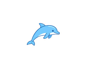 Obraz premium Cheerful light blue cartoon dolphin icon with a dark outline smiling in a dynamic leaping pose.