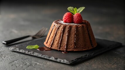 Chocolate lava cake dessert recipe with raspberry and mint garnish gourmet food photography
