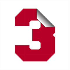 Crimson number three sticker with a peeled corner, showcasing a three-dimensional effect.