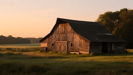 Obraz premium Rustic Barn at Sunset in a Serene Countryside Setting