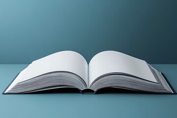 Open book with blank pages on flat surface against teal background

