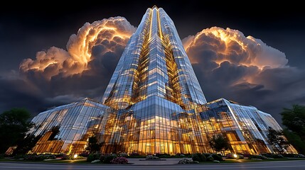 Lightning storm above illuminated city architecture high resolution image