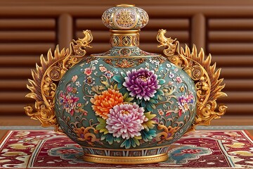 Luxurious porcelain bottle featuring floral dragon relief high resolution image