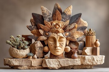 Modern botanical sculpture crafted in wood and stone high resolution image
