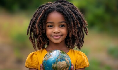 Happy Earth Day portrait of a young Black girl holding a globe against a world map background, promoting awareness of global sustainability and the importance of environmental, Generative AI