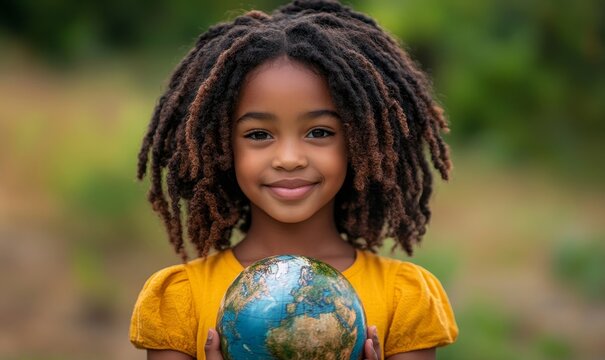 Happy Earth Day portrait of a young Black girl holding a globe against a world map background, promoting awareness of global sustainability and the importance of environmental, Generative AI