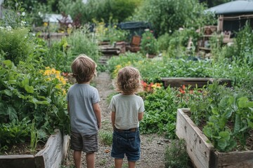 Small children standing outdoors in a summer garden, playing and enjoying time together in a vibrant natural setting, Generative AI