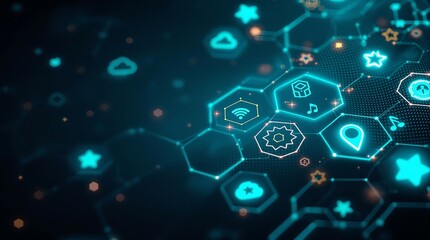Illuminated network of hexagonal shapes with various digital icons on a dark blue background design