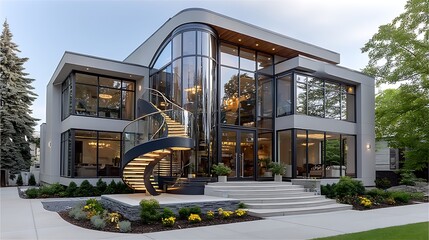 Modern luxury house with spiral staircase high resolution image